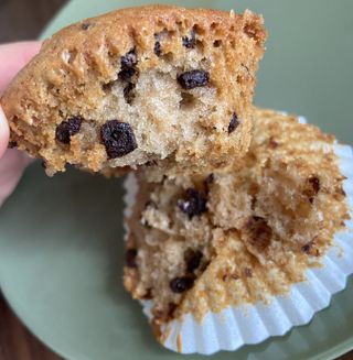 a picture of a burnt chocolate chip cupcake cooked in an air fryer