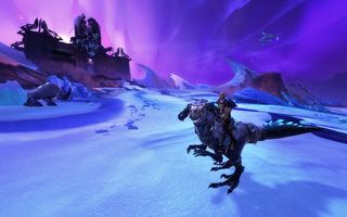 An adventurer in Wildstar sits atop their mount in an icy landscape.