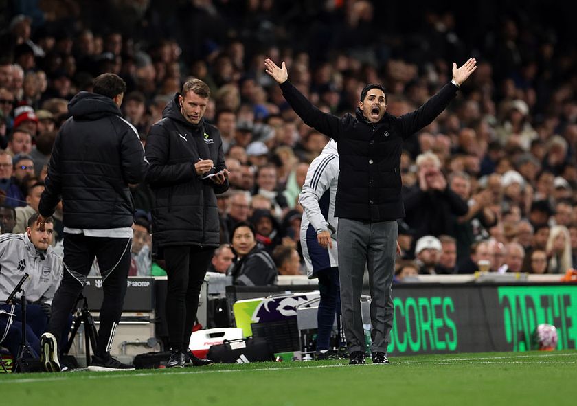 Mikel Arteta, Manager of Arsenal, reacts during the Premier League match between Fulham and Arsenal at Craven Cottage on October 18, 2025 in London, England.