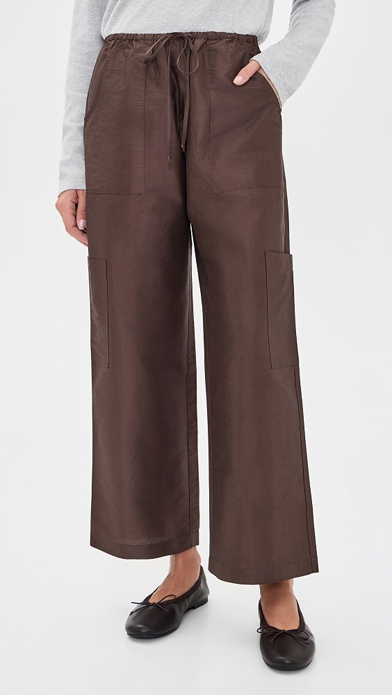 The Silk Taffeta Drawstring Cargo Pants - Espresso