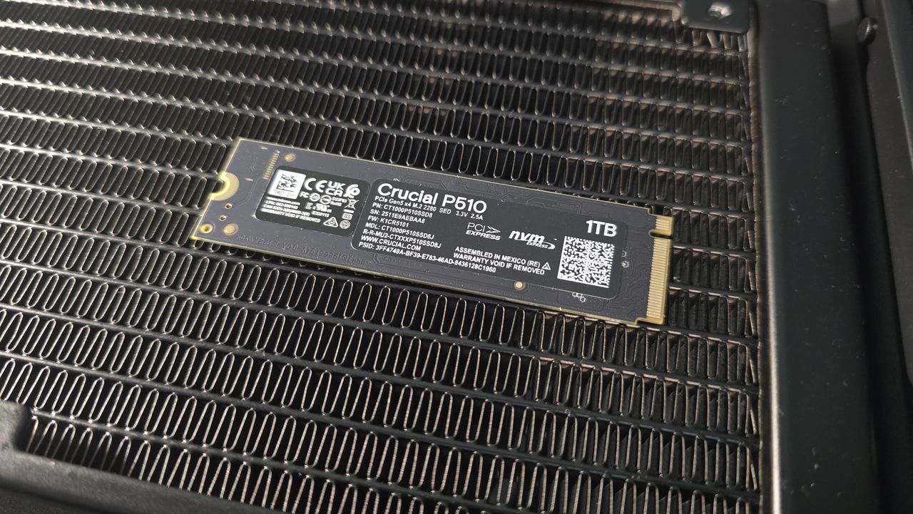 A Crucial P510 SSD installed in a gaming PC.