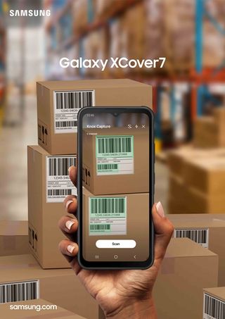 The Samsung XCover 7 scanning a box.