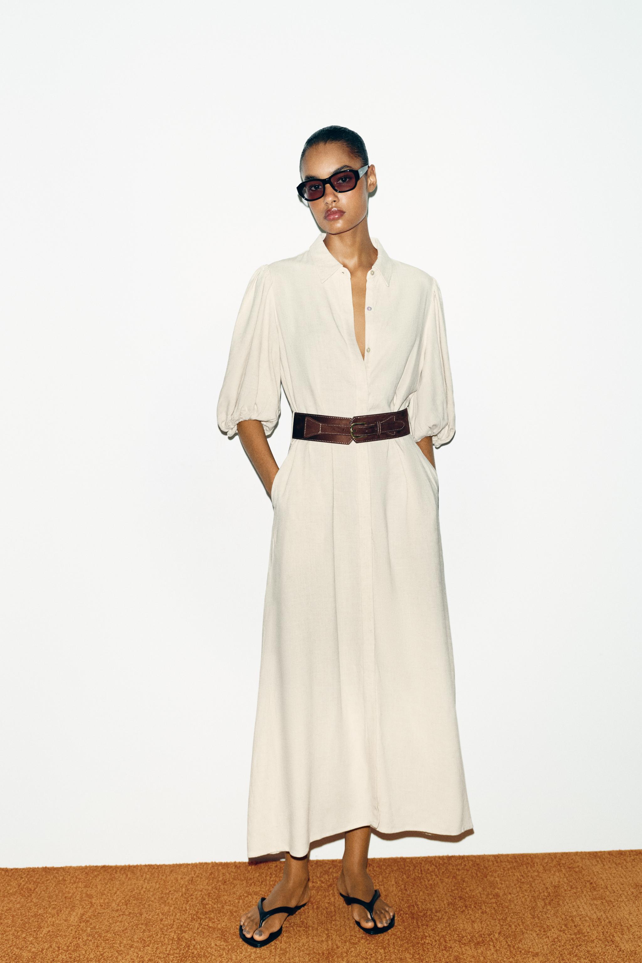 Linen Blend Midi Dress With Belt