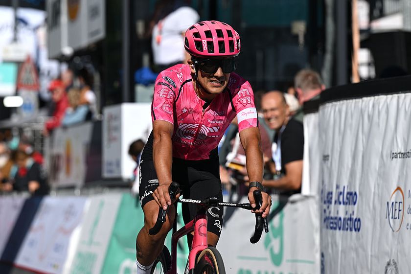SAN LUCA, ITALY - OCTOBER 04: Richard Carapaz of Ecuador and Team EF Education Easypost crosses the finish line during the 108th Giro dell&amp;apos;Emilia 2025 a 199.2km one day race from Mirandola to San Luca on October 04, 2025 in San Luca, Italy. (Photo by Dario Belingheri/Getty Images)
