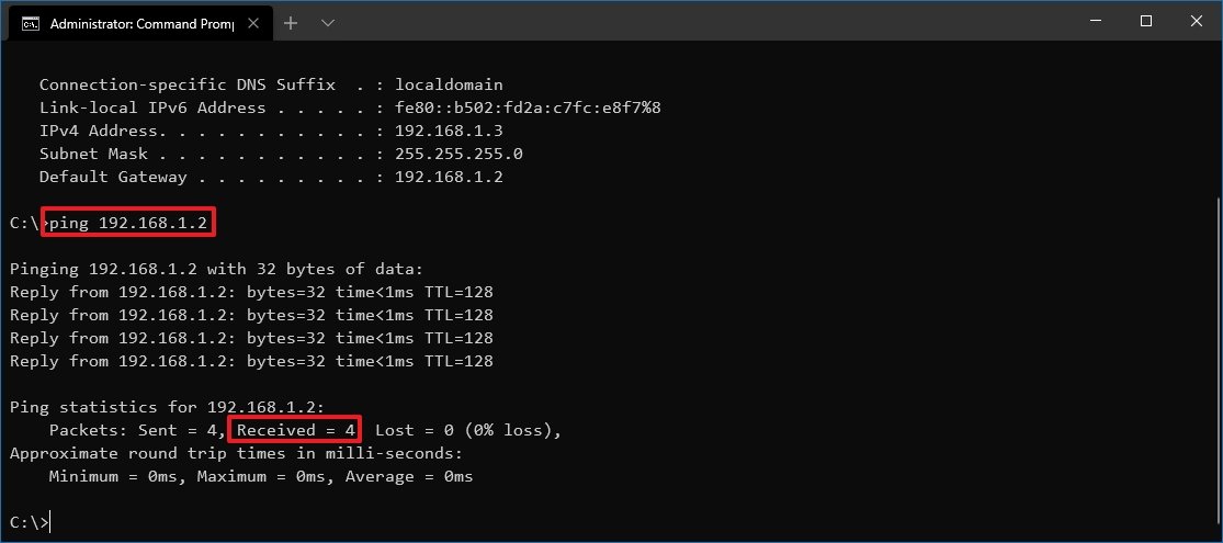 Ping PC to router connection test