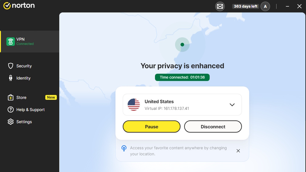 The Norton VPN dashboard on desktop PC showing privacy turned on