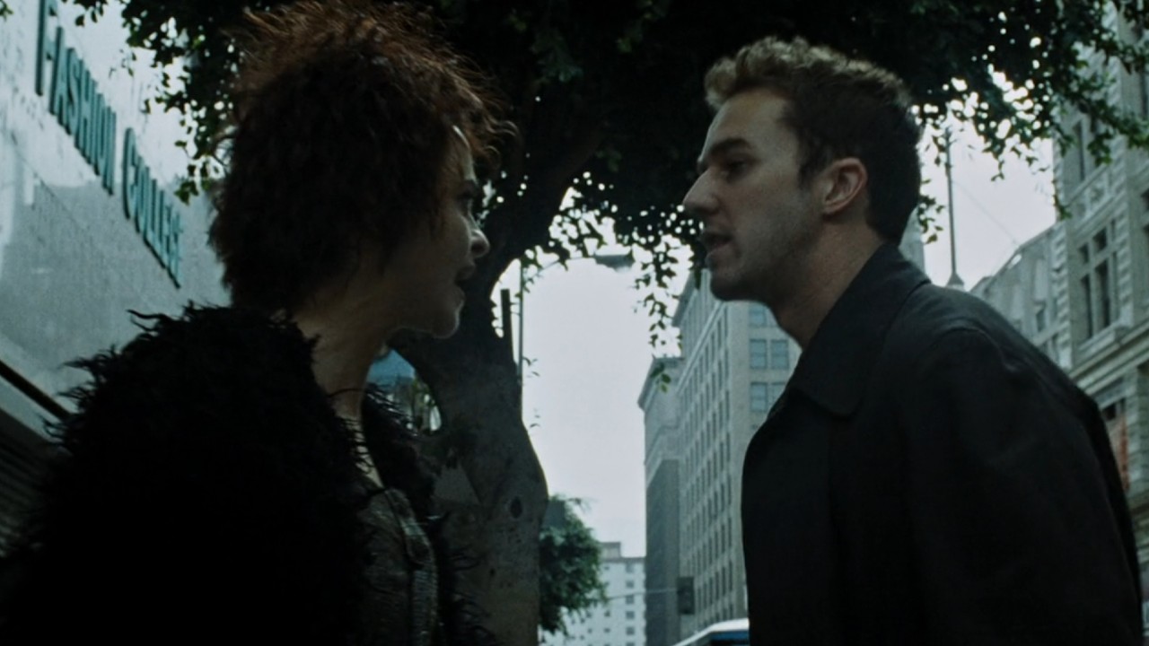 Marla and narrator talking to each other in Fight Club.