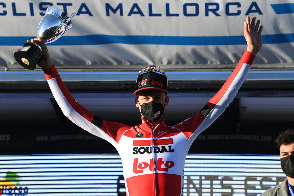 LLOSETA SPAIN JANUARY 28 Tim Wellens of Belgium and Team Lotto Soudal celebrates at podium as race winner during the 31st Challenge Ciclista Mallorca 2022 Trofeo Serra De Tramuntana a 1589km race from Lloseta to Lloseta ChallengeMallorca on January 28 2022 in Lloseta Spain Photo by Tim de WaeleGetty Images