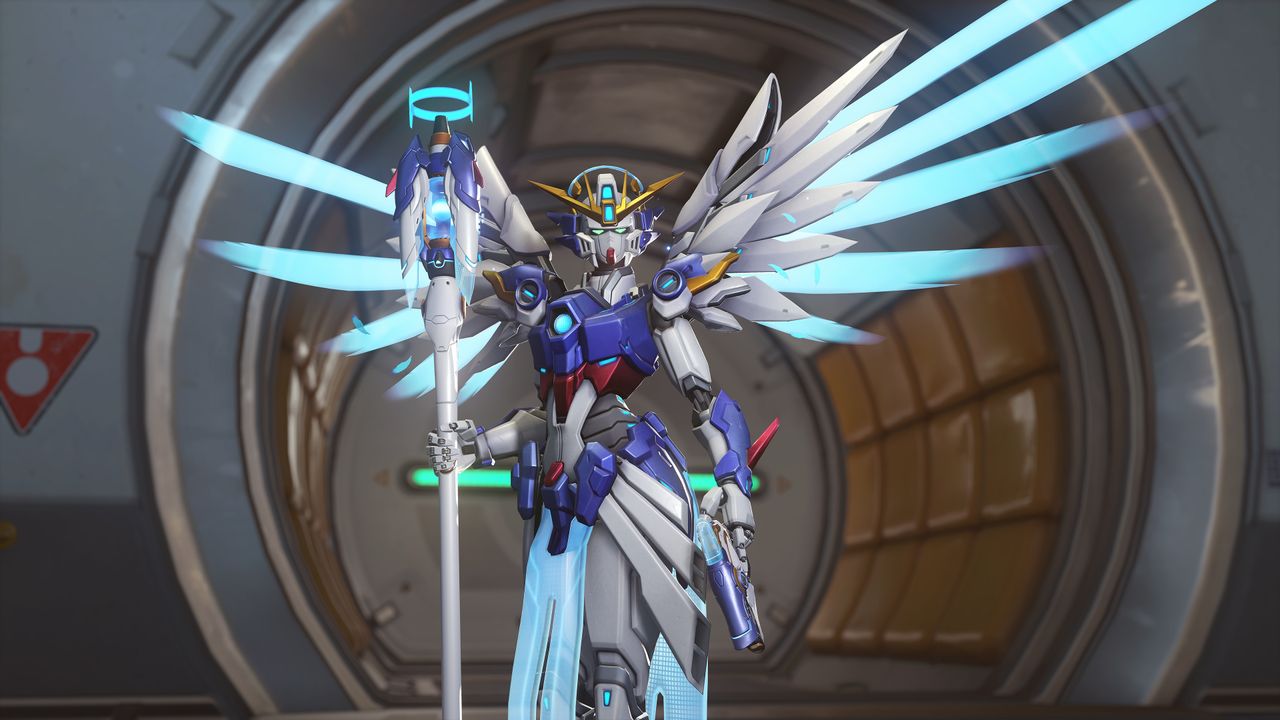 Promotional screenshot of Mercy as Wing Gundam Zero in Overwatch 2