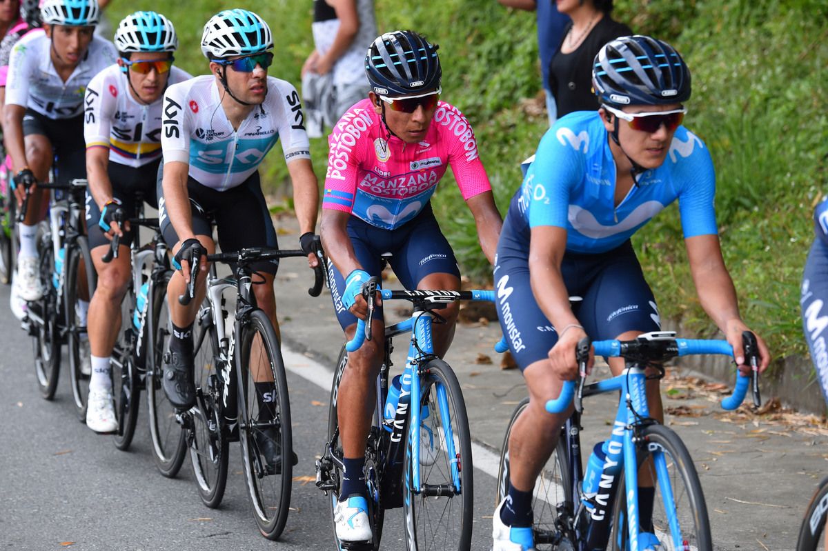 Nairo Quintana on the wheel of Movistar teammate Richard Carapaz during the stage