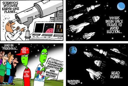 Political cartoon U.S. 2016 election Scientific discovery new planet