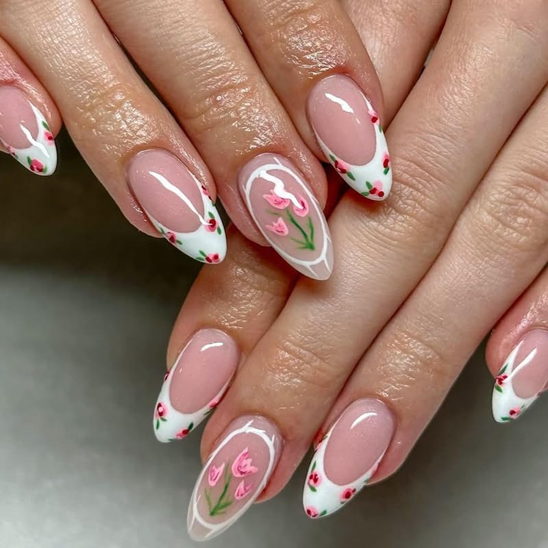 Flower Press on Nails Spring Tulip Nails Press Ons Medium Almond Fake Nails With White French Tip amp;amp; Pink Floral Tip Designs Full Cover False Nails Cute Reusable Glue on Nails for Women 24pcs