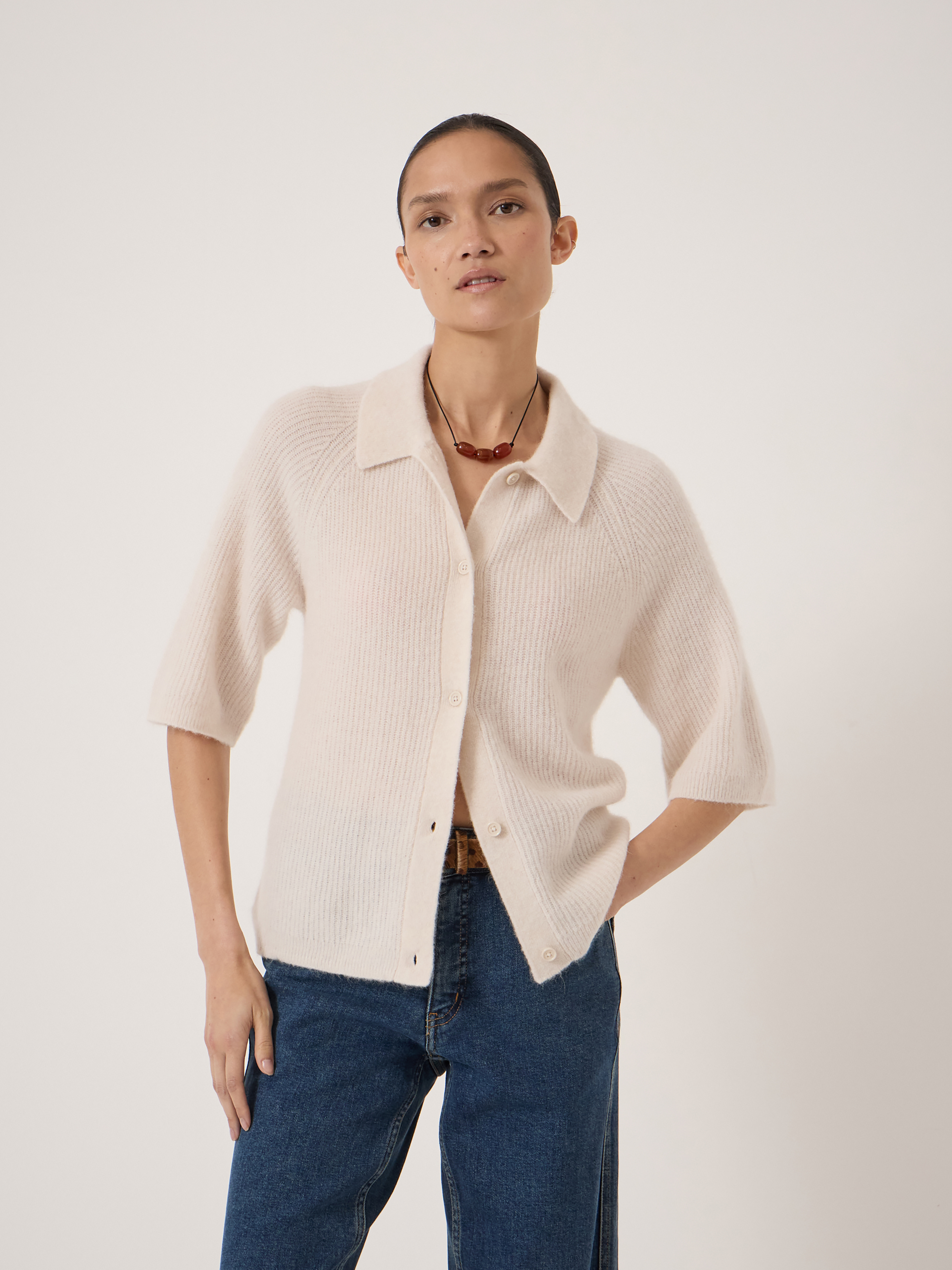 Jinny Wool Blend Short Sleeve Cardigan - Stone White, Xs/s