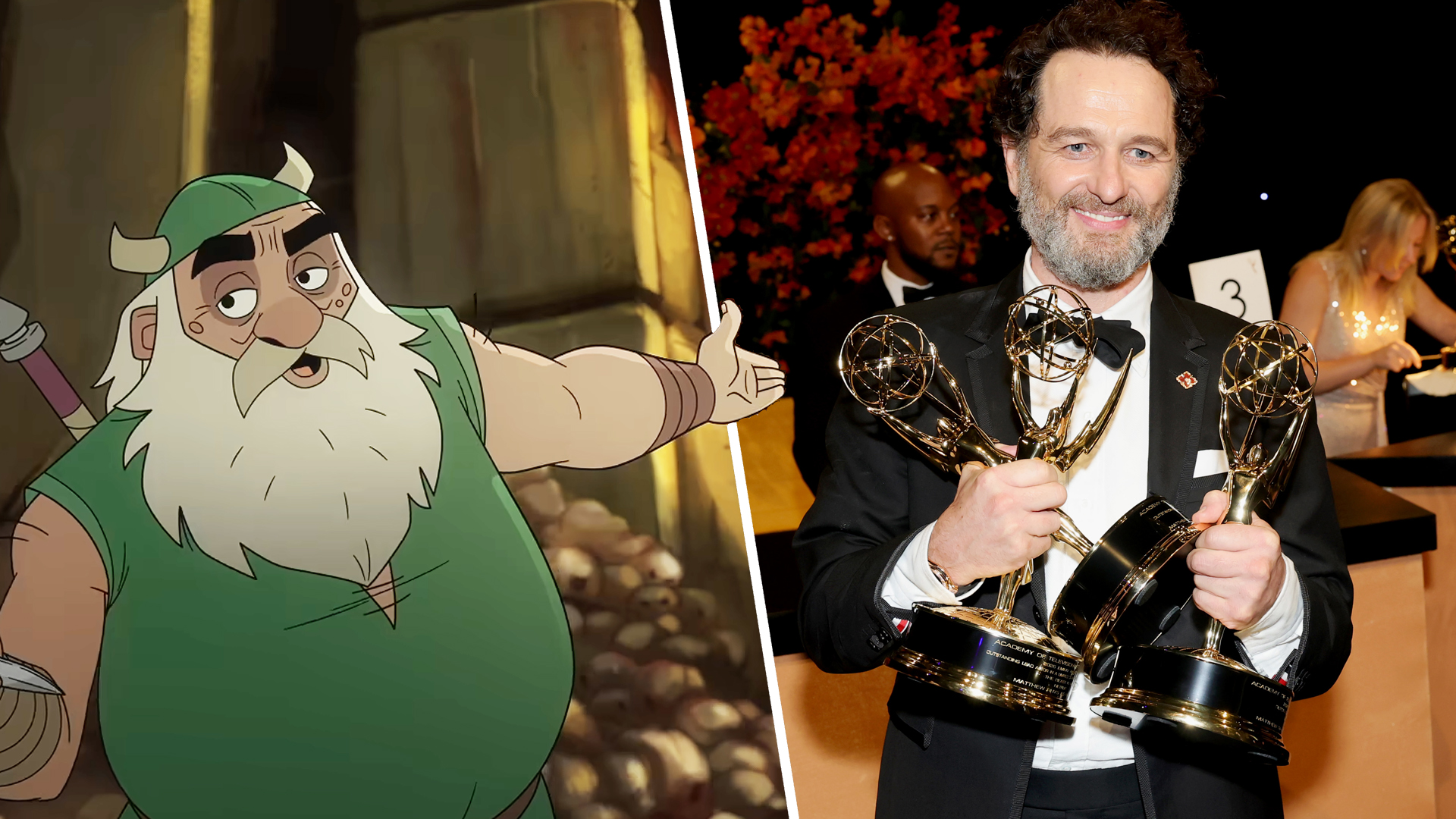 A cartoon dwarf next to Matthew Rhys who is holding three Emmy awards