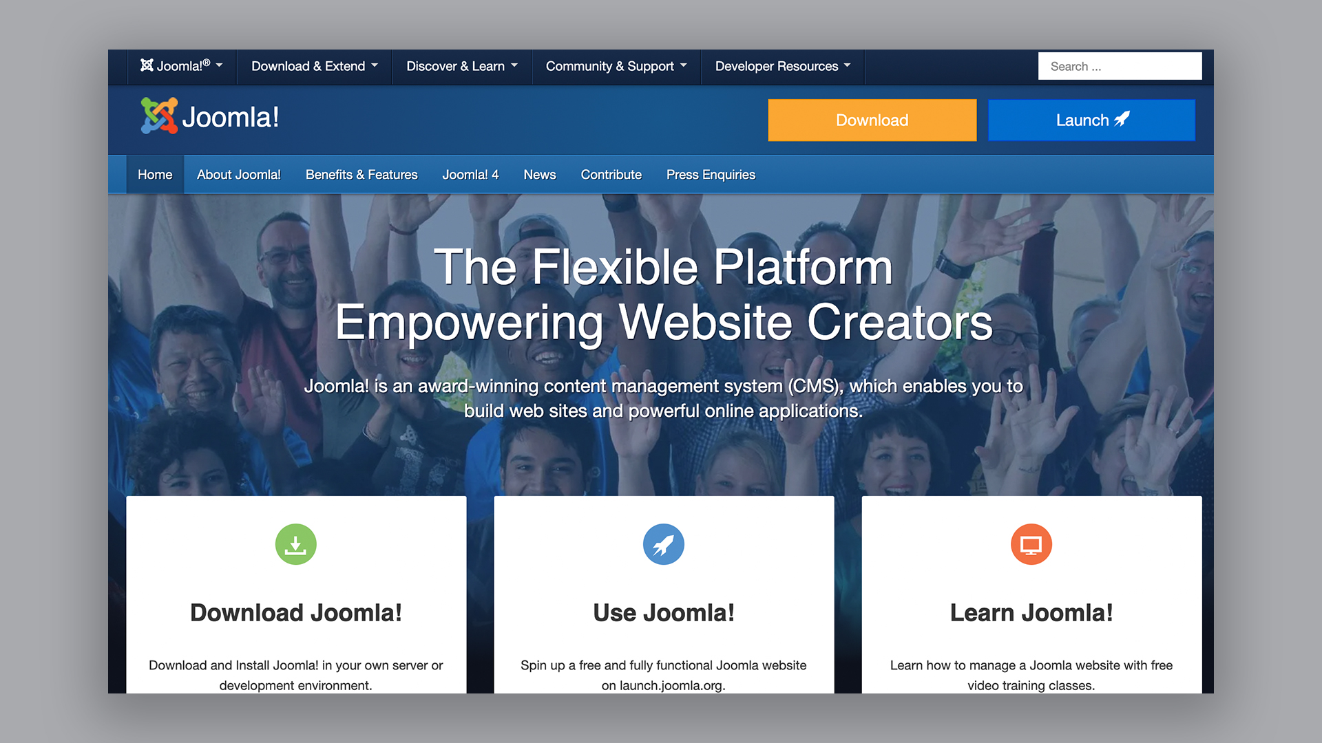 Homepage of Joomla, one of the best blogging platformss, with the headline 'The Flexible Platform Empowering Website Creators''