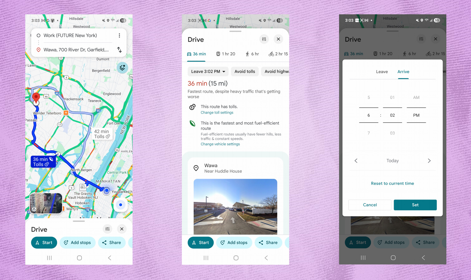 Google Maps screenshots showing arrival and departure times.