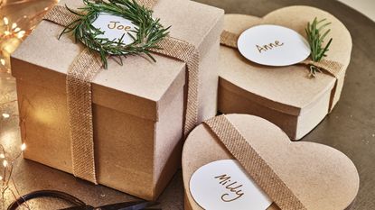 Brown gift boxes with hessian ribbon and handmade tags