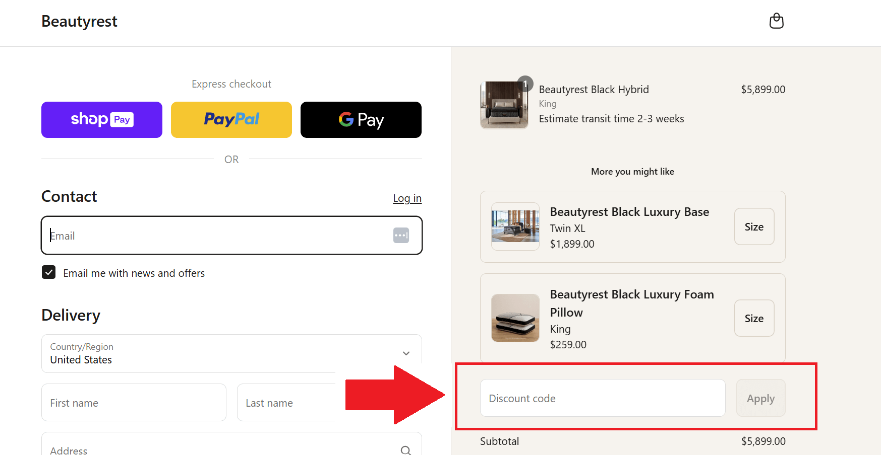 A screenshot of the Beautyrest checkout screen showing where to enter your Beautyrest promo code