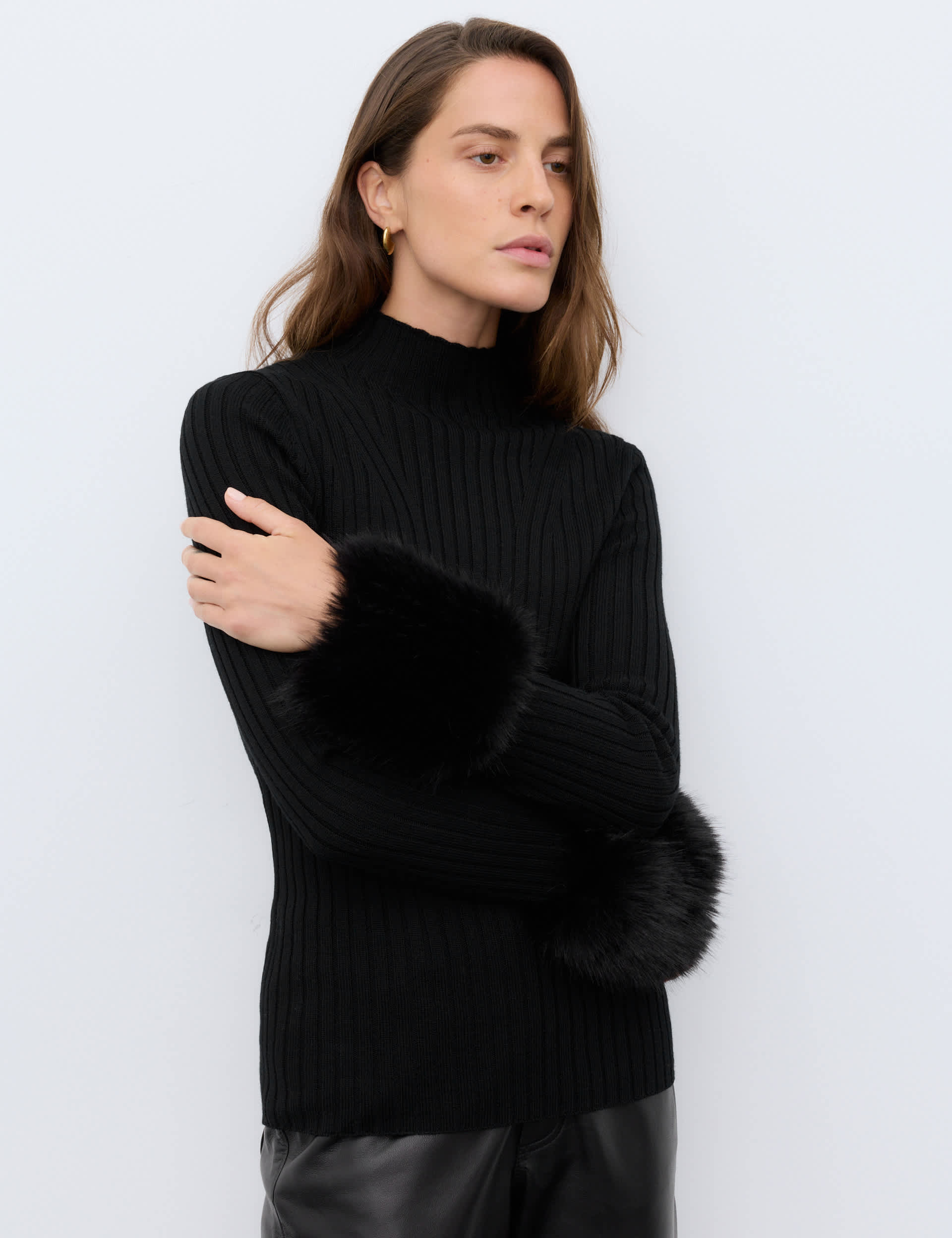Pure Merino Wool Ribbed High Neck Fur Trim Jumper