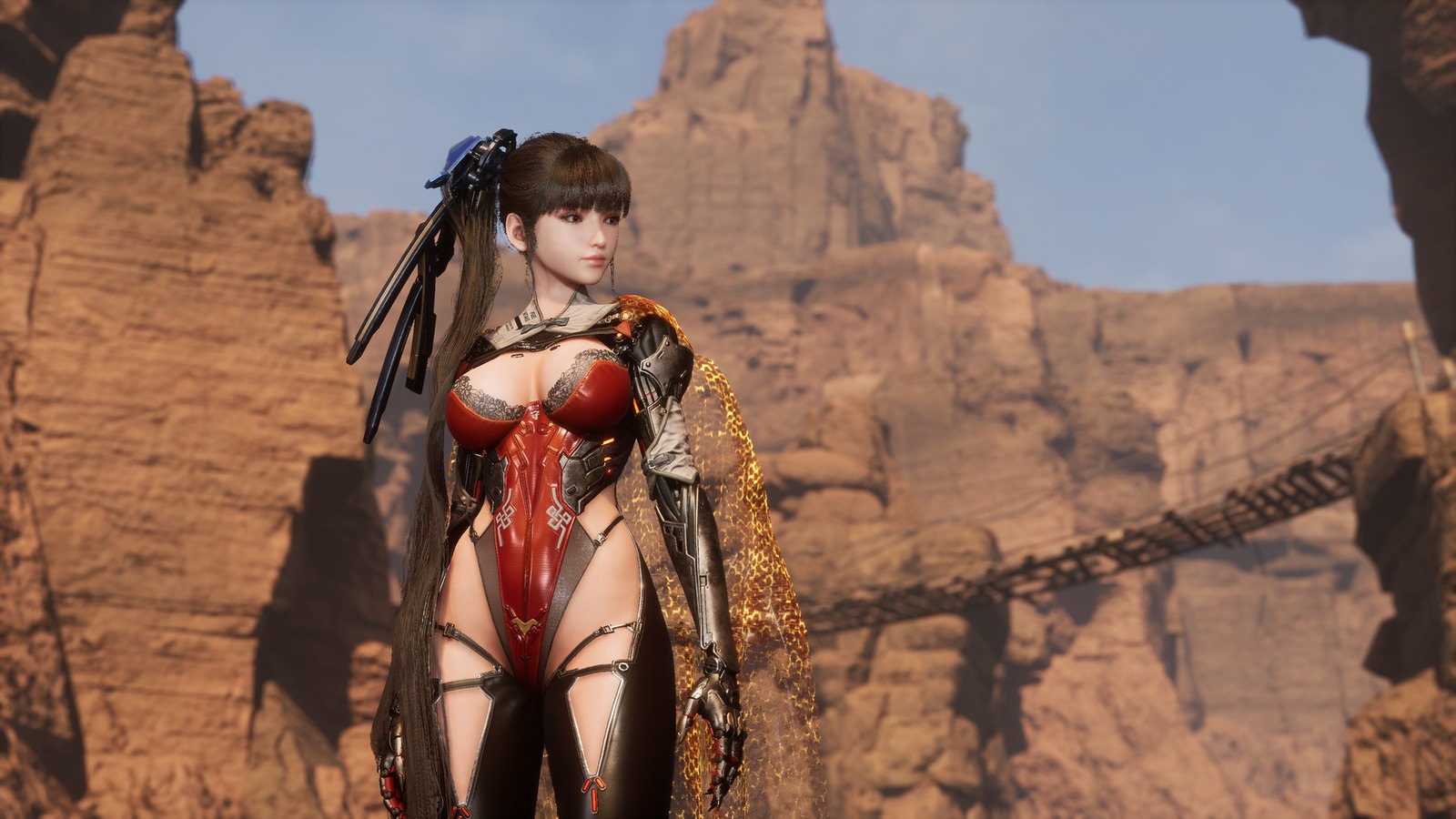 Eve in Stellar Blade wearing a red outfit