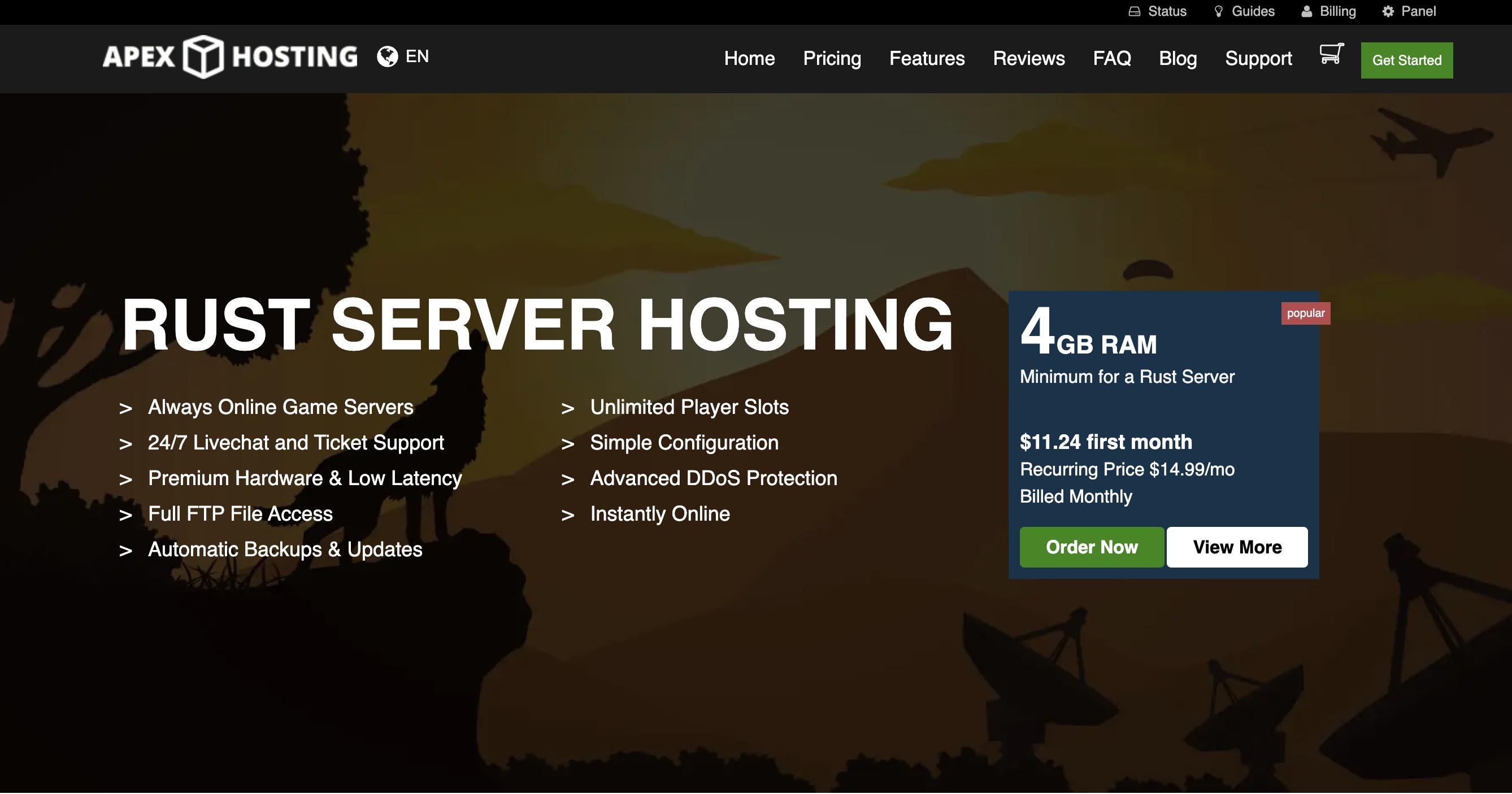 An imge of Apex Hosting's rust hosting page
