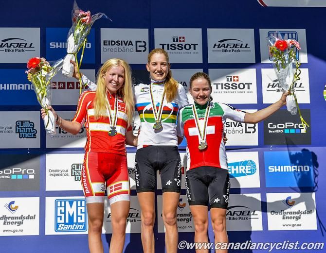 Junior women's cross country Worlds podium: Magne Degn (Denmark), Nicole Koller (Switzerland), Sina Frei (Switzerland)