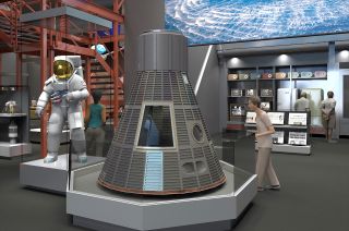 Early rendering of Neil Armstrong's spacesuit and Alan Shepard’s Freedom 7 Mercury capsule on display in the upcoming "Destination Moon" gallery at the National Air and Space Museum.