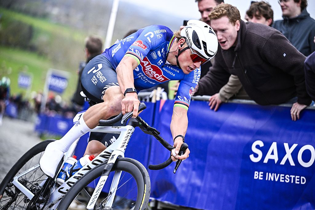 Dutch Mathieu van der Poel of Alpecin-Premier Tech pictured in action during the 'E3 Saxo Bank Classic' one day cycling race, 208,8km from and to Harelbeke, on Friday 27 March 2026. BELGA PHOTO JASPER JACOBS (Photo by JASPER JACOBS / BELGA MAG / Belga via AFP)