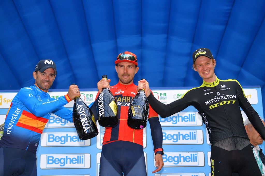 The final podium: Valverde, Colbrelli and Haig