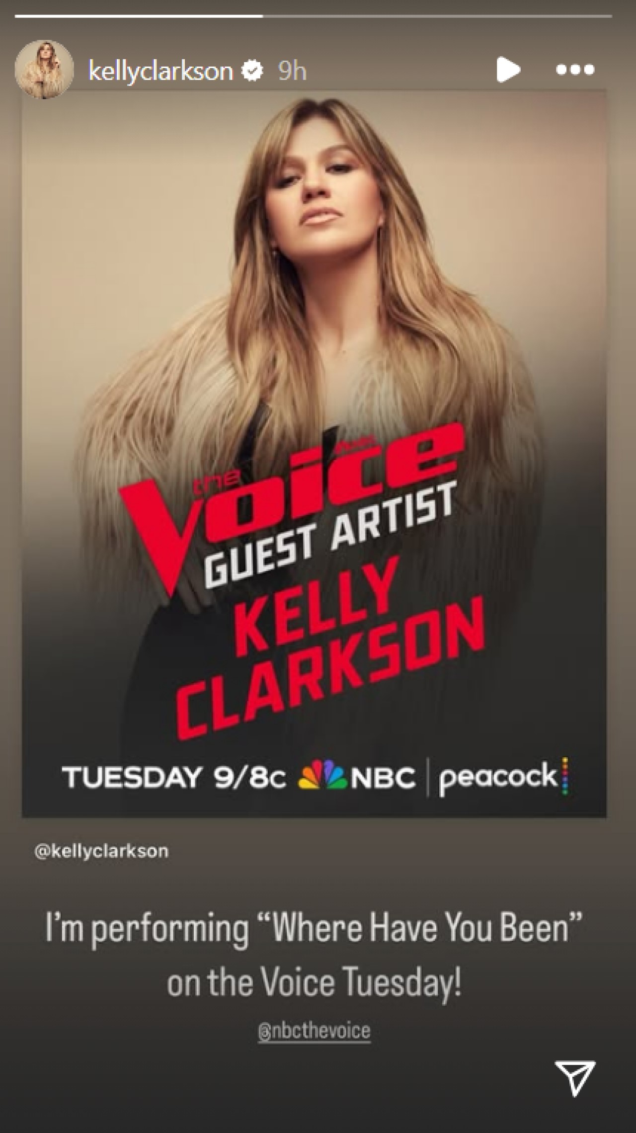 Kelly Clarkson shares an Instagram Story promoting her performance on The Voice Season 27 finale.
