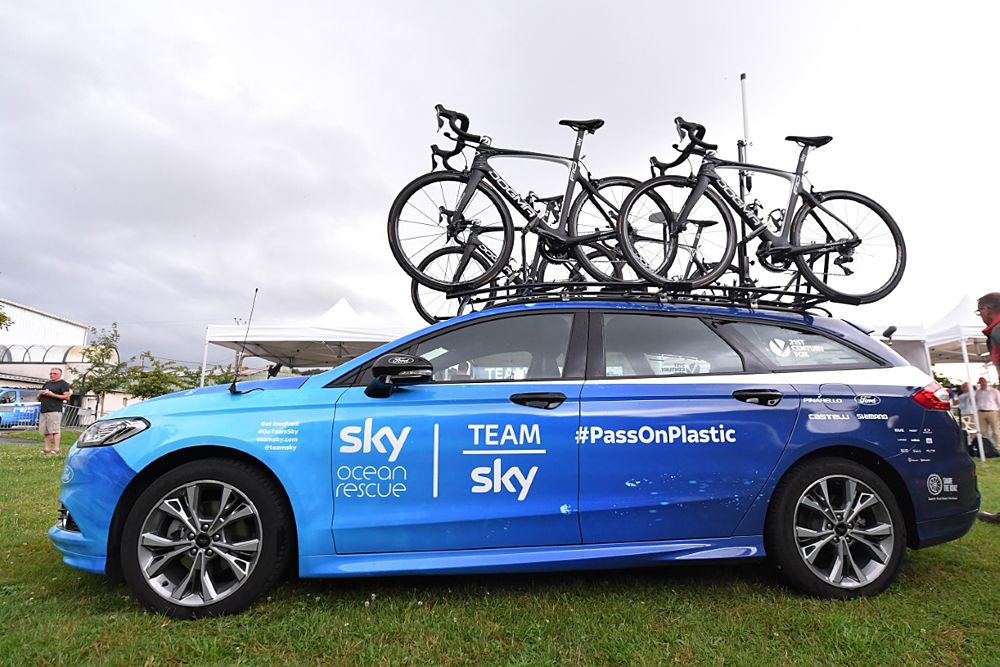 Team Sky car parked at the official team press conference ahead of the 2018 Tour de France