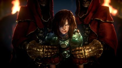 A warrior clenched her weapon in a screenshot from No Rest For The Wicked's announcement trailer