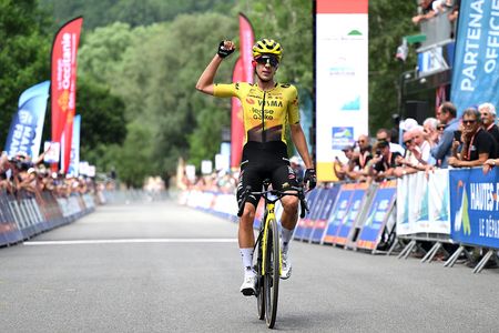 LOUDENVIELLE, FRANCE - JUNE 20: Davide Piganzoli of Italy and Team Visma | Lease a Bike celebrates at finish line as stage winner during the 49th La Route d&acute;Occitanie - CIC 2026, Stage 3 a 172km stage from Loures-Barousse to Loudenvielle 958m on June 20, 2026 in Loudenvielle, France. (Photo by Alex Broadway/Getty Images)