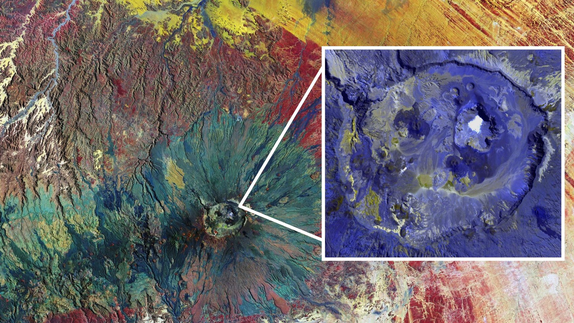A pair of false color satellite images showing the hidden topography of the volcano and its caldera