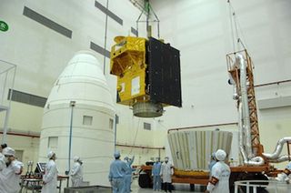 The China-Brazilian CBERS 3 Earth observation satellite is prepared for its ill-fated launch atop a Chinese Long March 4C rocket in December 2013.