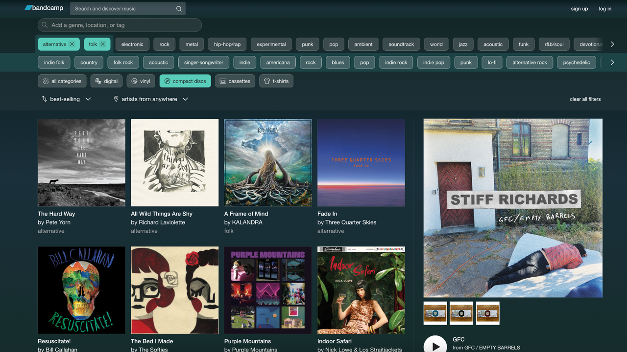 Bandcamp screenshot of website with genre and format filters
