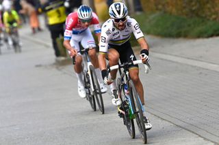 OUDENAARDE BELGIUM OCTOBER 18 Julian Alaphilippe of France and Team Deceuninck QuickStep World Champion Jersey Mathieu Van Der Poel of The Netherlands and Team AlpecinFenix Breakaway during the 104th Tour of Flanders 2020 Ronde van Vlaanderen Men Elite a 2433km race from Antwerpen to Oudenaarde RVV20 FlandersClassic on October 18 2020 in Oudenaarde Belgium Photo by Nico Vereecken PoolGetty Images