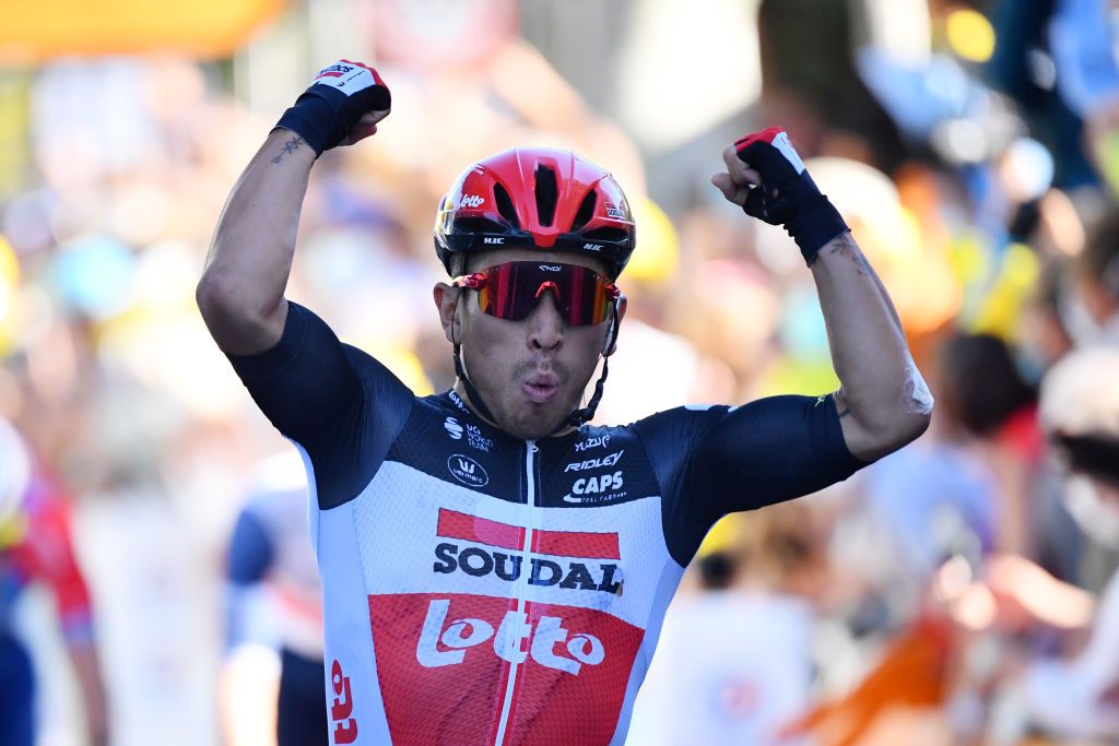 SISTERON FRANCE AUGUST 31 Arrival Caleb Ewan of Australia and Team Lotto Soudal Celebration during the 107th Tour de France 2020 Stage 3 a 198km stage from Nice to Sisteron 488m TDF2020 LeTour on August 31 2020 in Sisteron France Photo by Stuart FranklinGetty Images