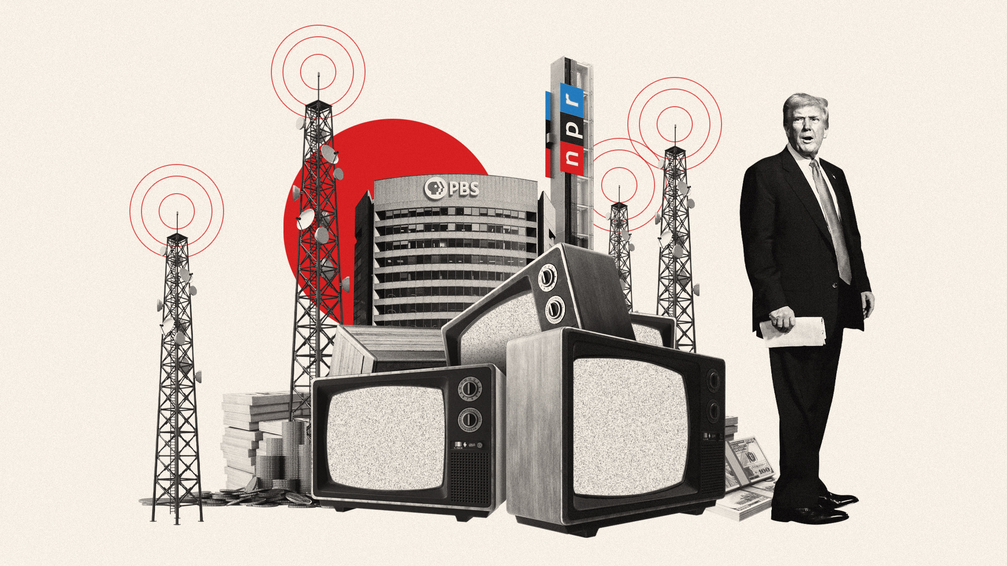 Photo composite illustration of Donald Trump, the PBS and NPR headquarters, radio towers and televisions 