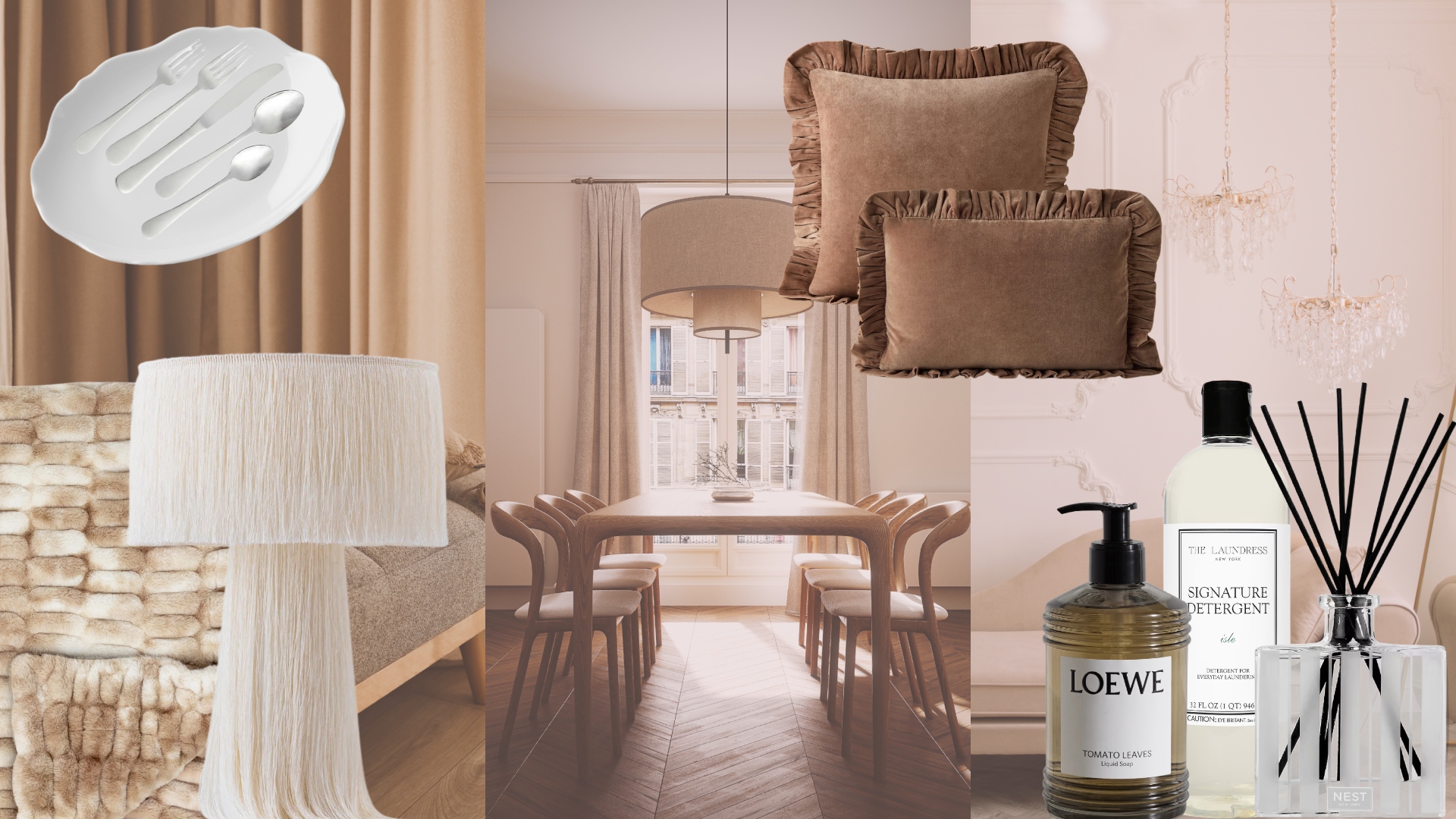 collage of different modern parisian apartments with apartment essentials on top like a small space cream lamp, hand soap, detergent, a diffuser, and pillows