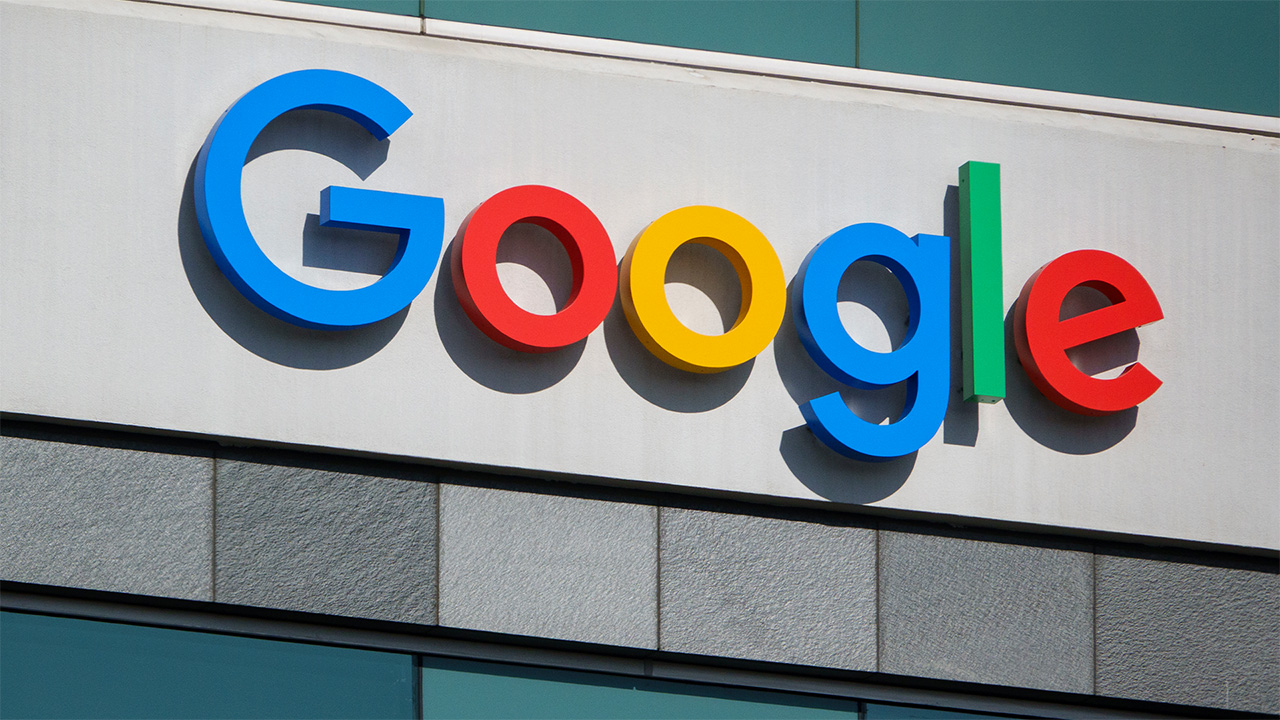 Multi-colored Google logo on the wall of one of its office buildings