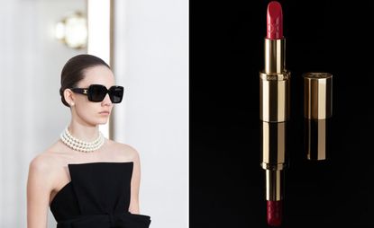 Celine Beauté lipsticks and model wearing Celine winter 2024
