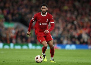 Joe Gomez of Liverpool during the UEFA Europa League 2023/24 Quarter-Final first leg match between Liverpool FC and Atalanta at Anfield on April 11, 2024 in Liverpool, England.(Photo by Crystal Pix/MB Media/Getty Images)