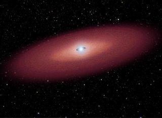 A remnant disk of debris surrounds the merged remains of two ultradense neutron stars in a kilonova gamma-ray burst, which may have collapsed to form a black hole.
