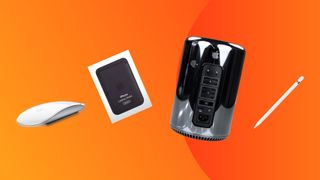 Four products that were Apple design crimes on an orange background
