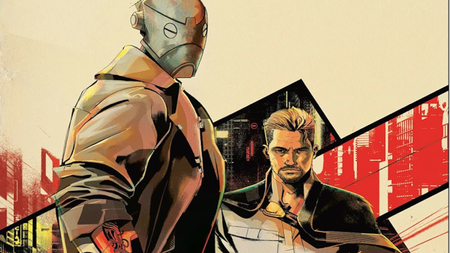 a tall enforcer droid stands with a caped crime lord