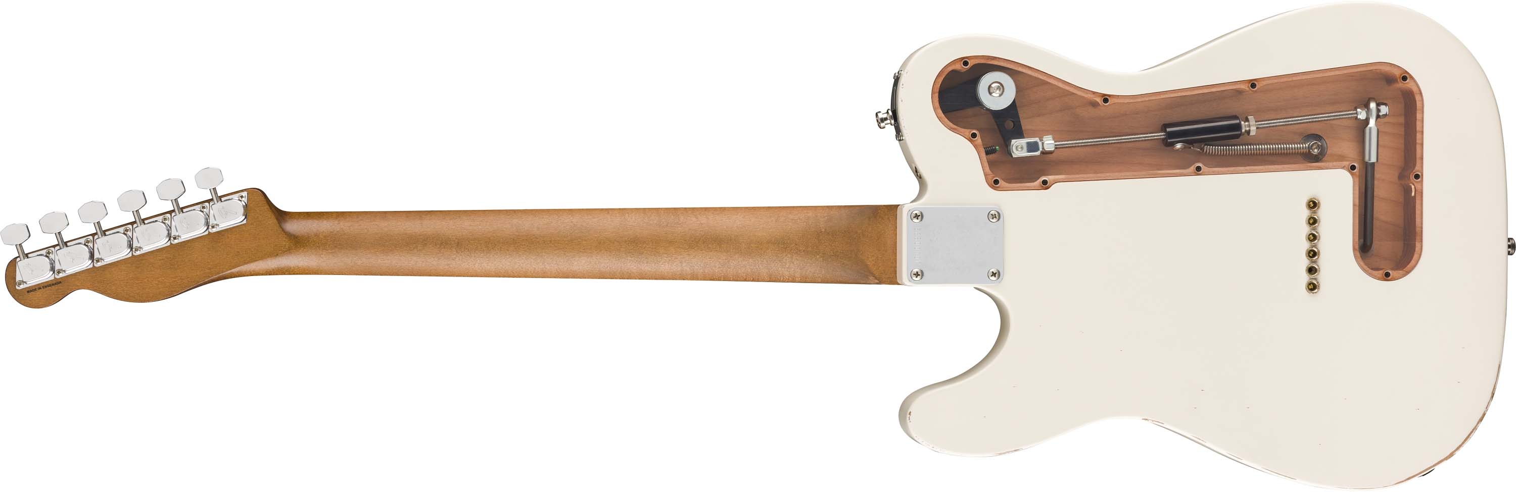 The Fender John Osborne Telecaster comes factory modded with a B-Bender and has an extended black pickguard on a Road Worn Olympic White body.