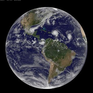 The U.S. weather satellite GOES East captured this full-disk view of the Western Hemisphere at 7:45 a.m. EDT (1145 GMT) on Wednesday (Sept. 6), as Category-5 Hurricane Irma passed over the island of St. Martin and made its way toward the British Virgin Islands. To the east of Hurricane Irma is Tropical Storm Jose, which is strengthening in the Atlantic Ocean and is also heading toward the Caribbean.
