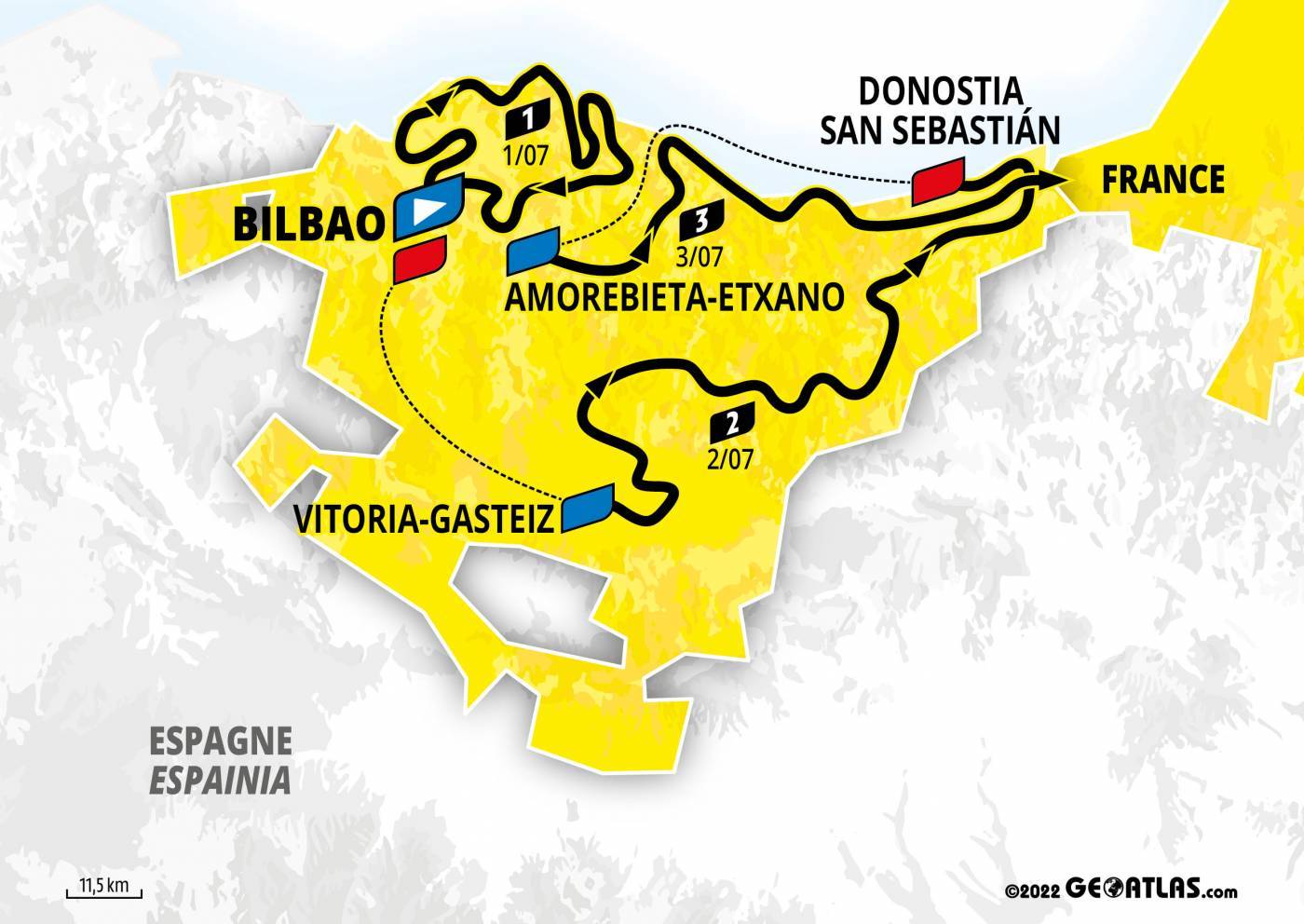 The map of the 2023 Tour de France Grand Depart in the Basque Country