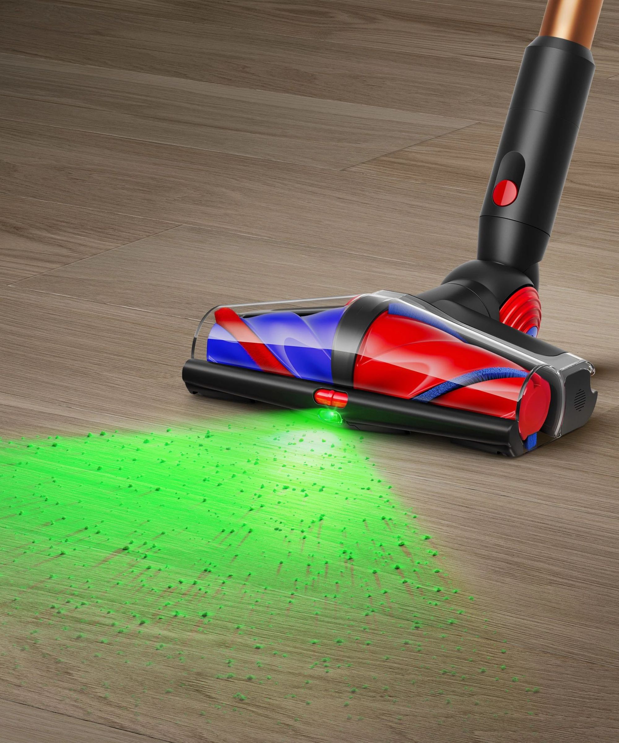 Dyson V16 Piston Animal on wooden floor with green light emitted from floorhead, revealing dust particles.